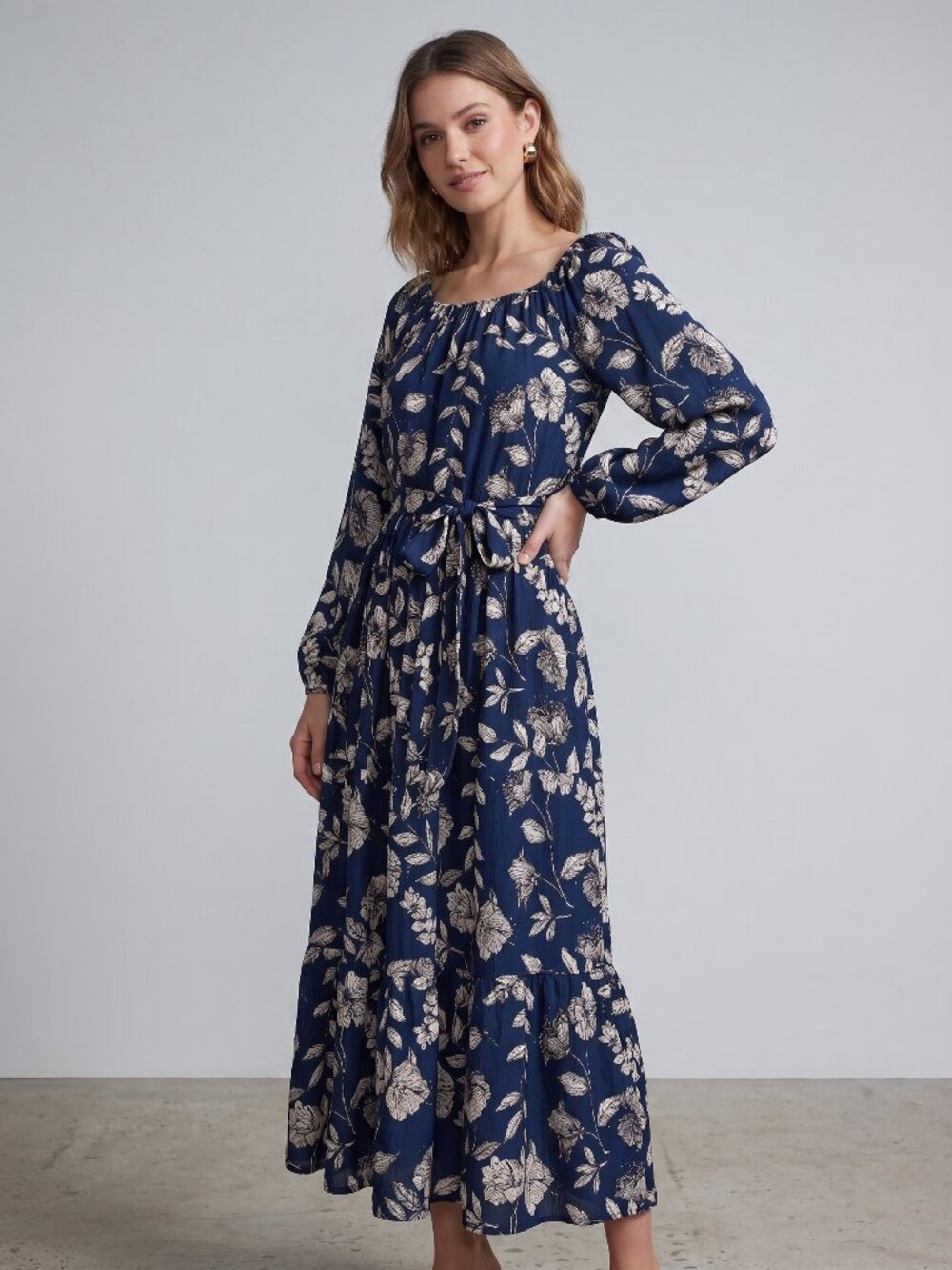 Roller Rabbit Adelaide Milou Floral Maxi Dress Navy Blue XS Tiered Long Sleeve
